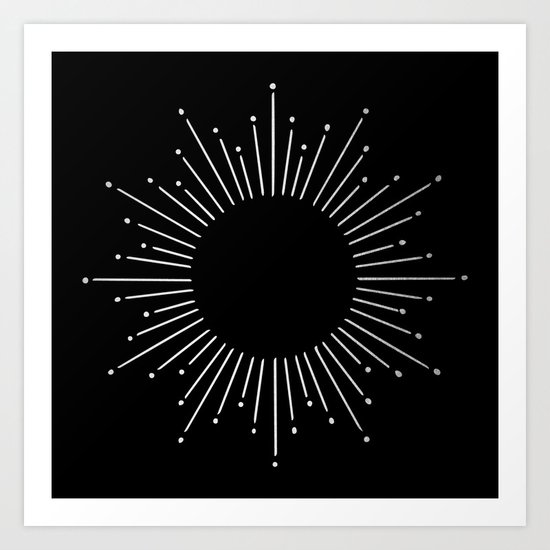 Sunburst Moonlight Silver on Black Art Print