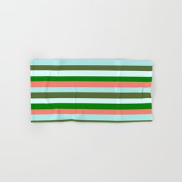 [ Thumbnail: Eyecatching Salmon, Turquoise, Dark Olive Green, Light Cyan & Green Colored Lines/Stripes Pattern Hand & Bath Towel ]