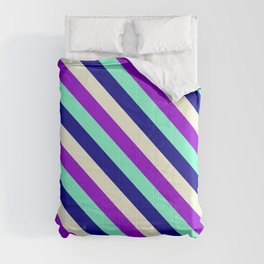 [ Thumbnail: Dark Violet, Aquamarine, Dark Blue & Beige Colored Lines Pattern Comforter ]
