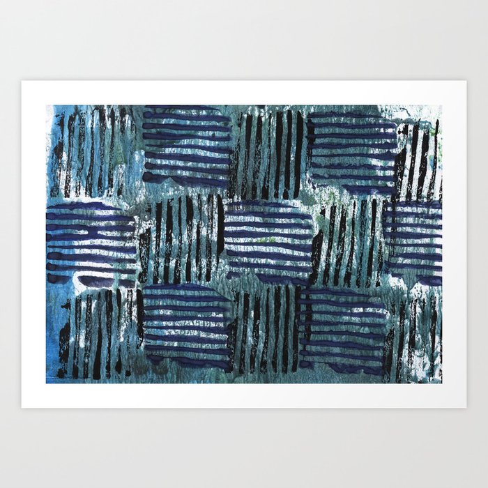 Black Blue Striped Squares Abstract Painting Art Print By Genrus