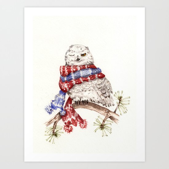 Winking Arctic Owl in Scarf Art Print