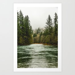 Wanderlust Forest River - Mountain Adventure in Foggy Woods Art Print