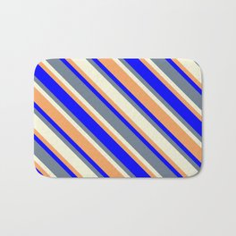 [ Thumbnail: Beige, Brown, Blue & Slate Gray Colored Pattern of Stripes Bath Mat ]