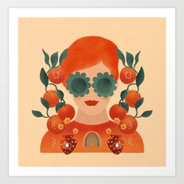 Hippy woman in flower glasses- illustration art print  Art Print