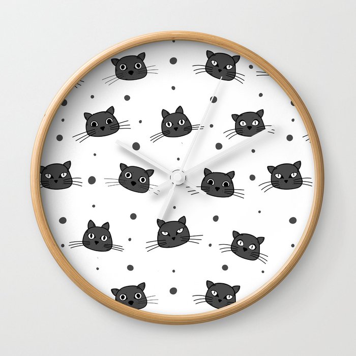 Cute cat faces and dots pattern in grey and white Wall Clock