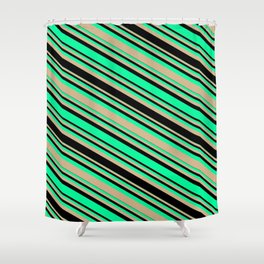 [ Thumbnail: Green, Tan, and Black Colored Striped/Lined Pattern Shower Curtain ]