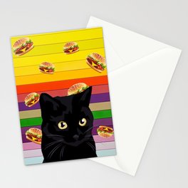 Black cat and burgers, Black cat collage Stationery Card