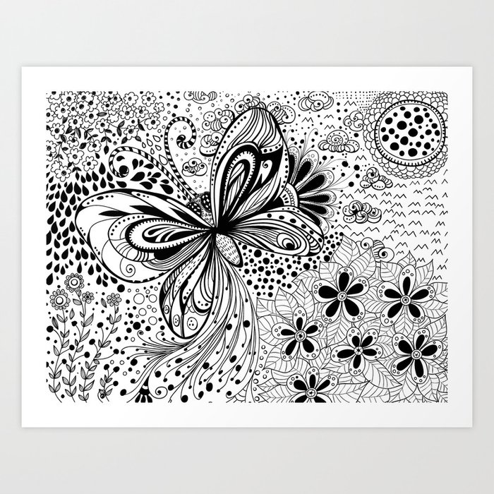 Butterfly and flowers doodles Art Print