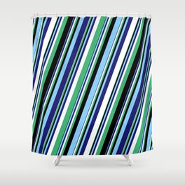 [ Thumbnail: Eyecatching White, Sea Green, Black, Light Sky Blue, and Midnight Blue Colored Stripes Pattern Shower Curtain ]