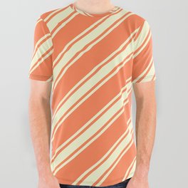[ Thumbnail: Coral and Light Yellow Colored Stripes/Lines Pattern All Over Graphic Tee ]