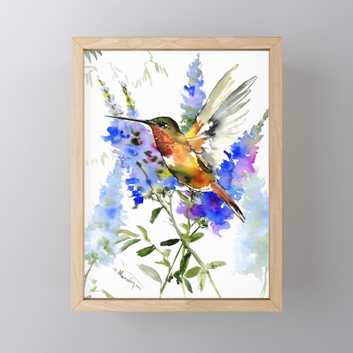 Alen's Hummingbird and Blue Flowers, floral bird design birds, watercolor floral bird art Framed Mini Art Print