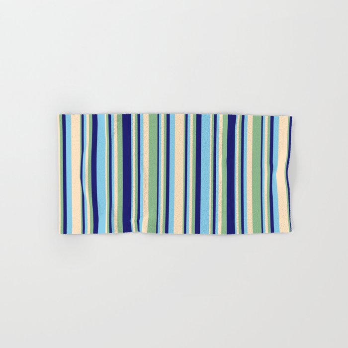Bisque, Dark Sea Green, Midnight Blue, and Sky Blue Colored Stripes Pattern Hand & Bath Towel