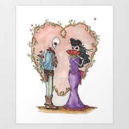 Day of the Dead sugar skulls Dead Lovers in a floral heart Art Print