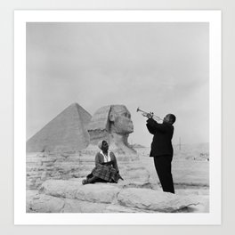 Black and White Photo of Louis Armstrong at the Egyptian Sphinx Art Print