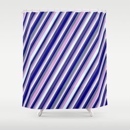 [ Thumbnail: Slate Gray, Plum, Light Cyan, Dark Slate Blue, and Dark Blue Colored Lined/Striped Pattern Shower Curtain ]