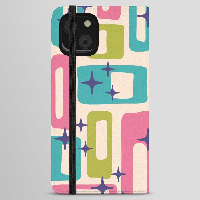 Retro Mid Century Modern Abstract Pattern 927 Pink Chartreuse Turquoise iPhone Wallet Case