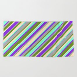 [ Thumbnail: Green, Bisque, Aquamarine, Purple & Dark Gray Colored Stripes Pattern Beach Towel ]