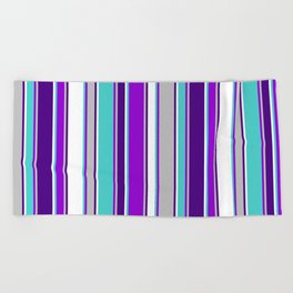 [ Thumbnail: Eyecatching Turquoise, Dark Violet, Grey, Indigo, and White Colored Pattern of Stripes Beach Towel ]
