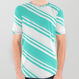 [ Thumbnail: White and Turquoise Colored Lined/Striped Pattern All Over Graphic Tee ]