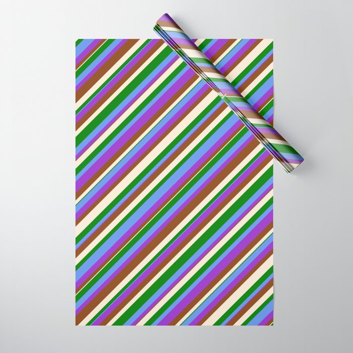 Colorful Cornflower Blue, Dark Orchid, Brown, Beige & Green Colored Lined/Striped Pattern Wrapping Paper