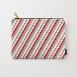 [ Thumbnail: Crimson, Dark Grey, and Light Yellow Colored Stripes Pattern Carry-All Pouch ]