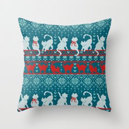 Festive Fair Isle Knitting Cats Love // teal white and red kitties Throw Pillow