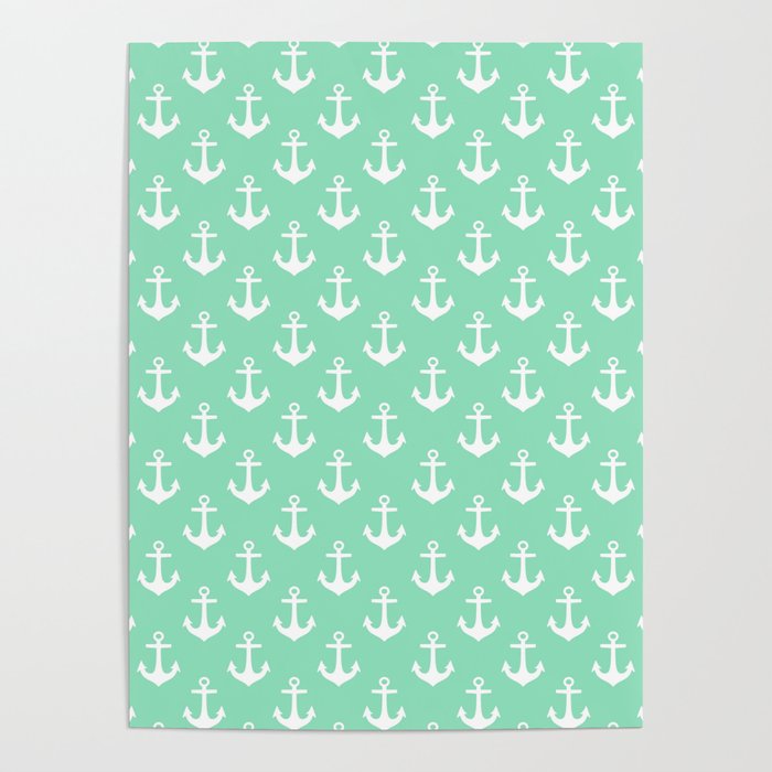 Anchors (White & Mint Pattern) Poster
