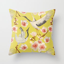Cherry Blossom Crane Pattern Yellow Throw Pillow