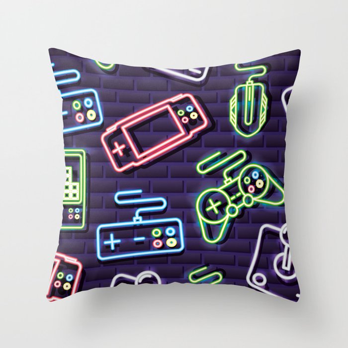Neon Video Game Accessories Pattern Throw Pillow