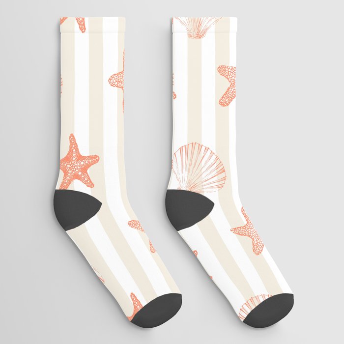 Coral Orange Seashell & Starfish on Beige and White  Socks