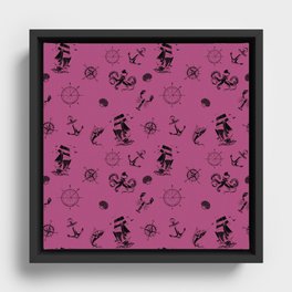 Magenta And Black Silhouettes Of Vintage Nautical Pattern Framed Canvas
