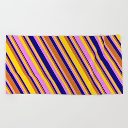 [ Thumbnail: Chocolate, Yellow, Violet, and Blue Colored Lined/Striped Pattern Beach Towel ]
