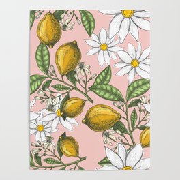Lemons and Blooms on Pink Background Pattern Design Poster