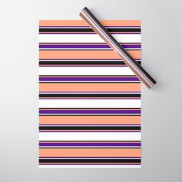 [ Thumbnail: Light Salmon, Indigo, White, and Black Colored Striped Pattern Wrapping Paper ]