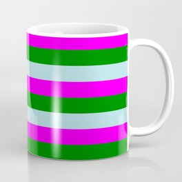 [ Thumbnail: Fuchsia, Green, and Powder Blue Colored Lines/Stripes Pattern Coffee Mug ]