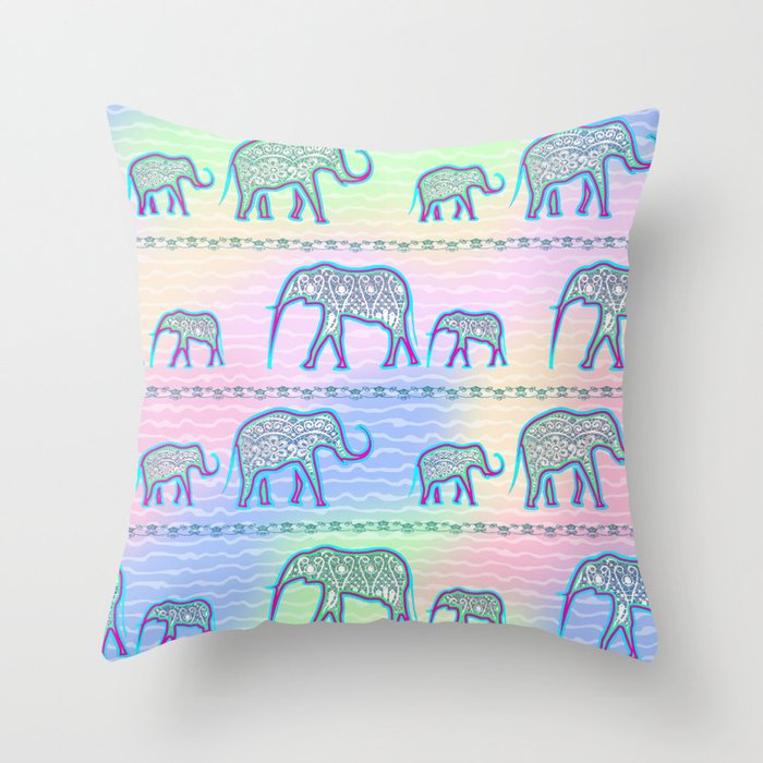 Elephant Family on Pale Stripes Throw Pillow