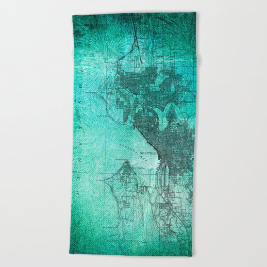 Turquoise Seattle Map Design Beach Towel