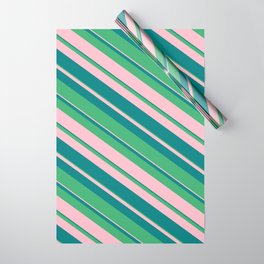 [ Thumbnail: Sea Green, Pink, and Teal Colored Stripes/Lines Pattern Wrapping Paper ]