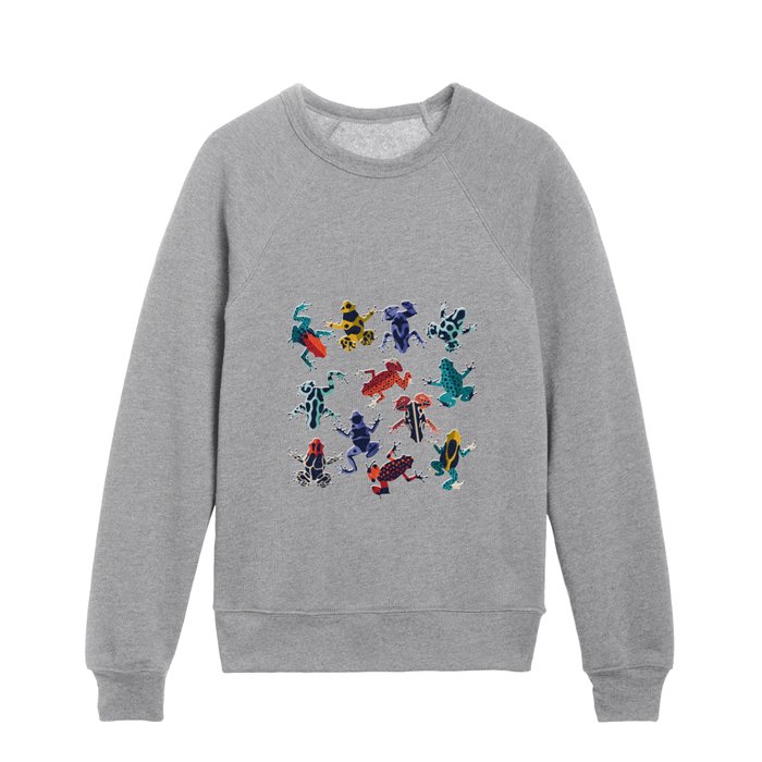 Quirky dart frogs dance // duck egg blue textured background brightly multicoloured poison amphibians Kids Crewneck