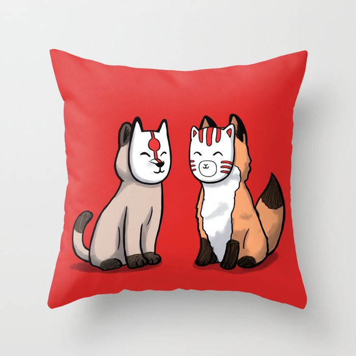 Cat and fox wearing japanese mask Throw Pillow