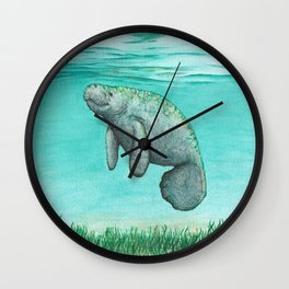 "Mossy Manatee" by Amber Marine ~ Watercolor & Ink Painting, (Copyright 2016) Wall Clock