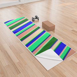 [ Thumbnail: Green, Beige, Dark Salmon, Blue & Dark Green Colored Striped/Lined Pattern Yoga Towel ]