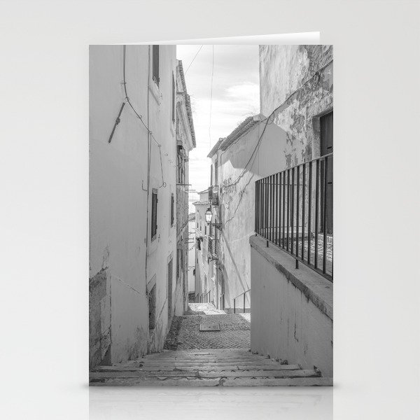Vintage black and white street alley in Alfama Lisbon Portugal - summer travel photography Stationery Cards