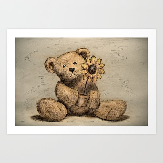 Teddybear with a sunflower Art Print