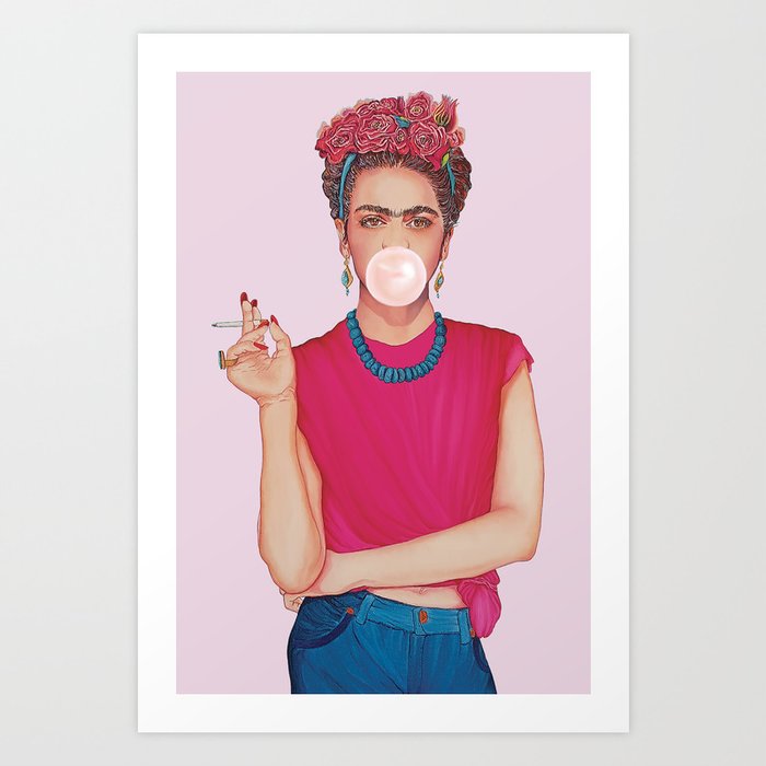 Frida Kahlo Blowing Pink Bubble gum Oil Painting Art Print