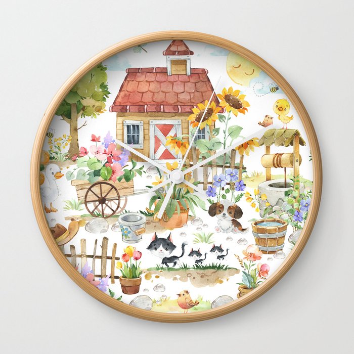 Watercolor Farmhouse Cottage Garden Wall Clock