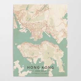 Hong Kong, Hong Kong - Vintage Map Poster