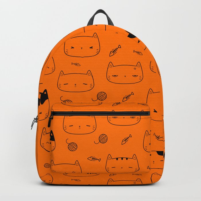 Orange and Black Doodle Kitten Faces Pattern Backpack