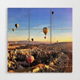 hot air balloons flying valley sky sunset Wood Wall Art