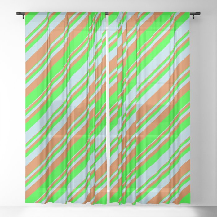 Chocolate, Lime & Light Blue Colored Lined/Striped Pattern Sheer Curtain